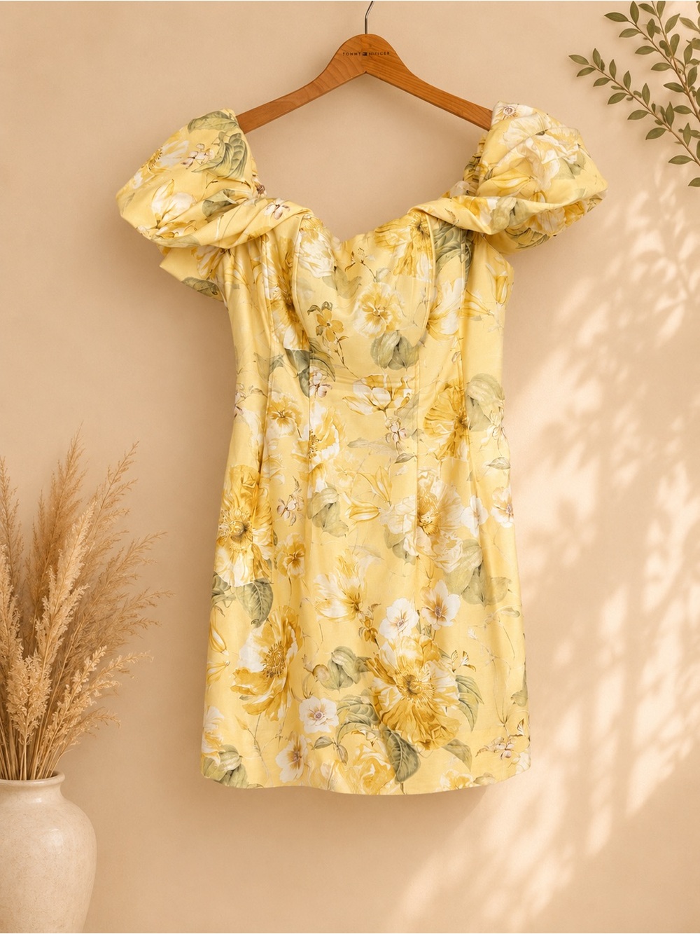 Ever New Yellow Floral Puff-Sleeve Mini Dress US12